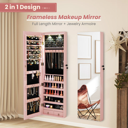 Wall and Door Mounted Mirrored Jewelry Cabinet with Lights-Pink