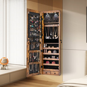 Wall and Door Mounted Mirrored Jewelry Cabinet with Lights-Rustic Brown