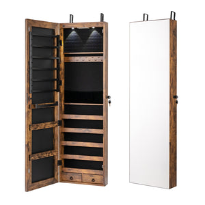 Wall and Door Mounted Mirrored Jewelry Cabinet with Lights-Rustic Brown