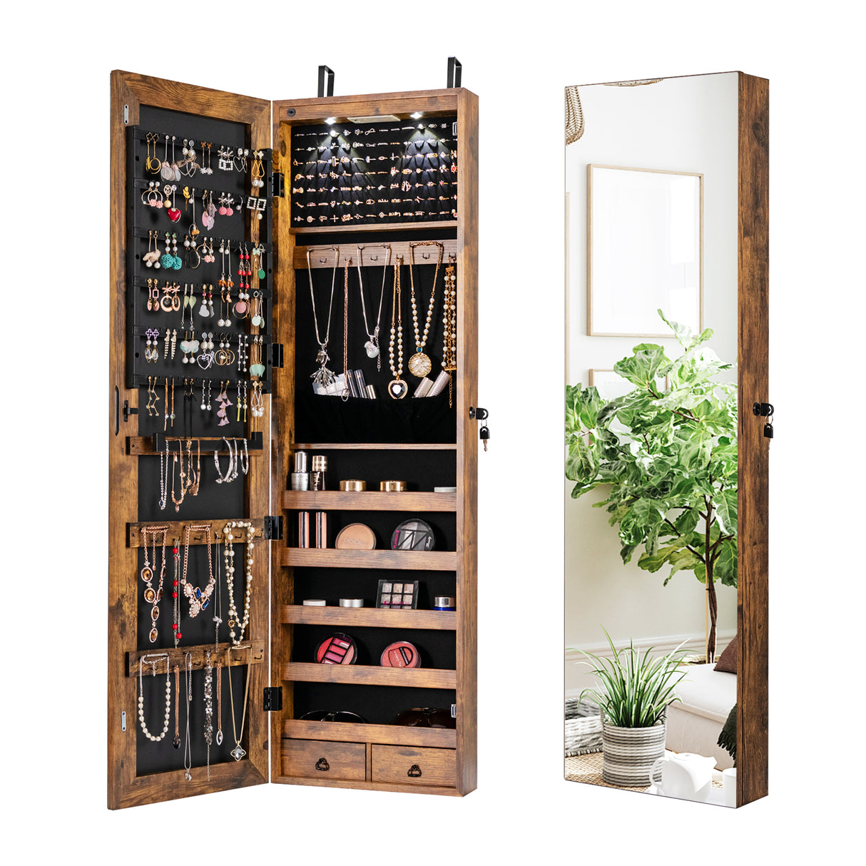 Wall and Door Mounted Mirrored Jewelry Cabinet with Lights-Black