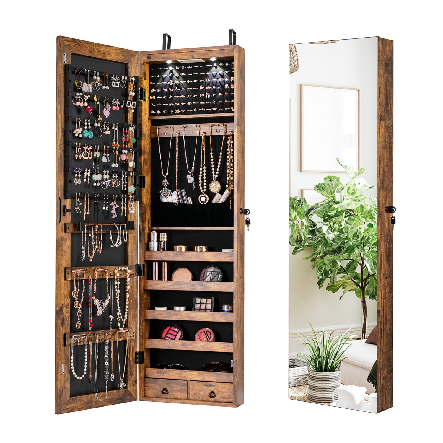 Wall and Door Mounted Mirrored Jewelry Cabinet with Lights-Black