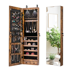 Wall and Door Mounted Mirrored Jewelry Cabinet with Lights-Black