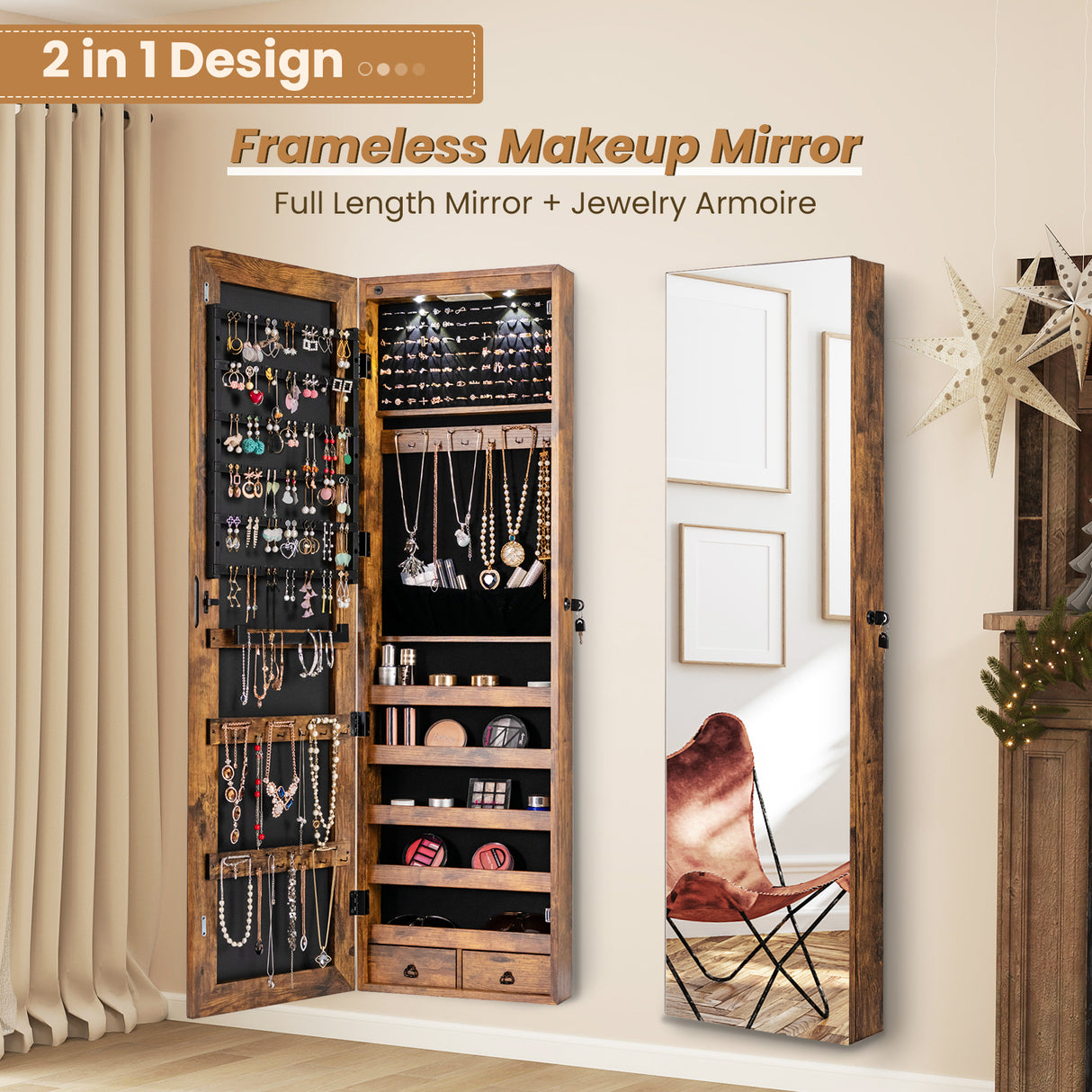 Wall and Door Mounted Mirrored Jewelry Cabinet with Lights-Black
