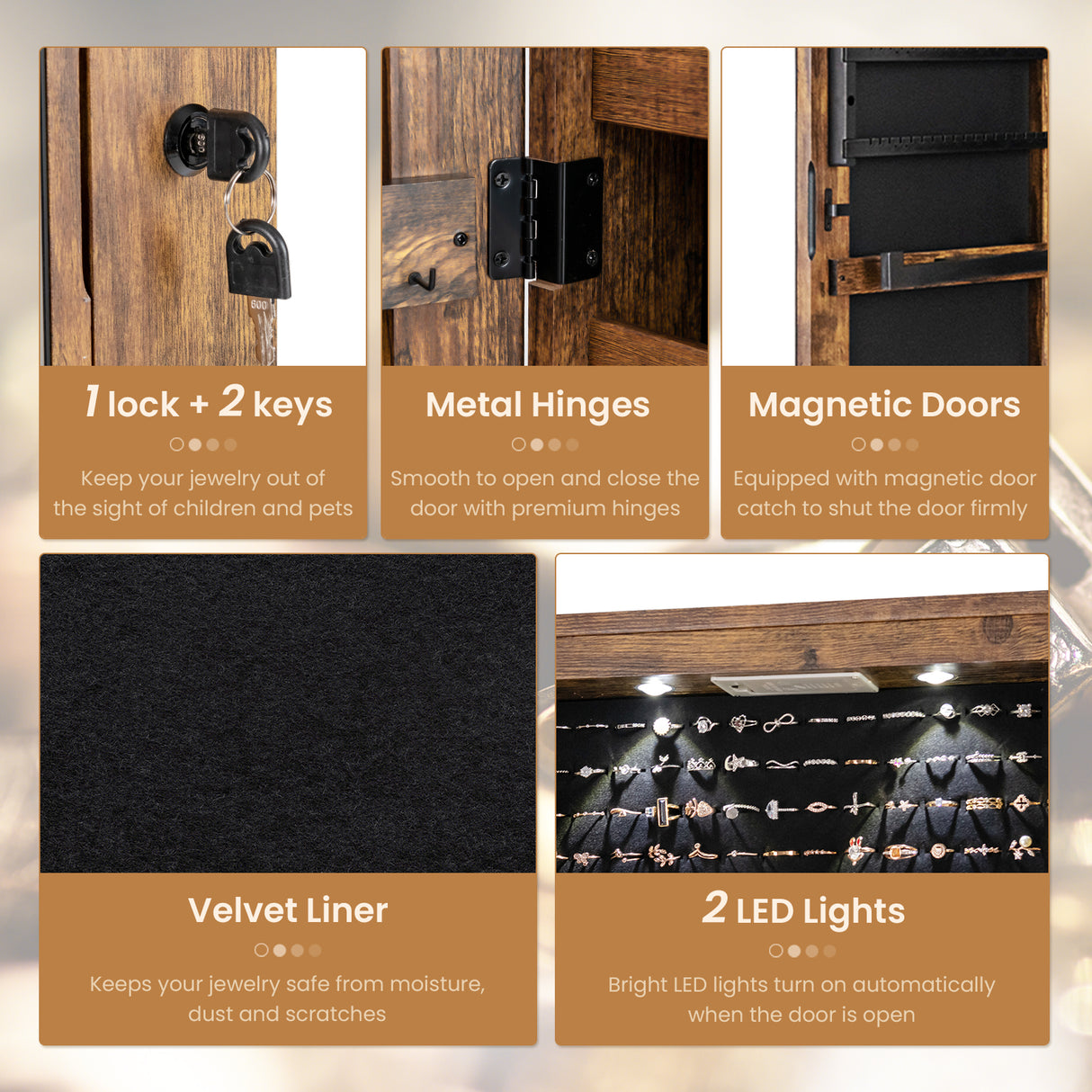 Wall and Door Mounted Mirrored Jewelry Cabinet with Lights-Black