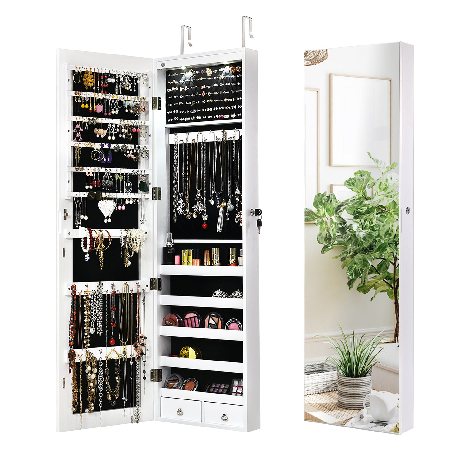 Wall and Door Mounted Mirrored Jewelry Cabinet with Lights-White
