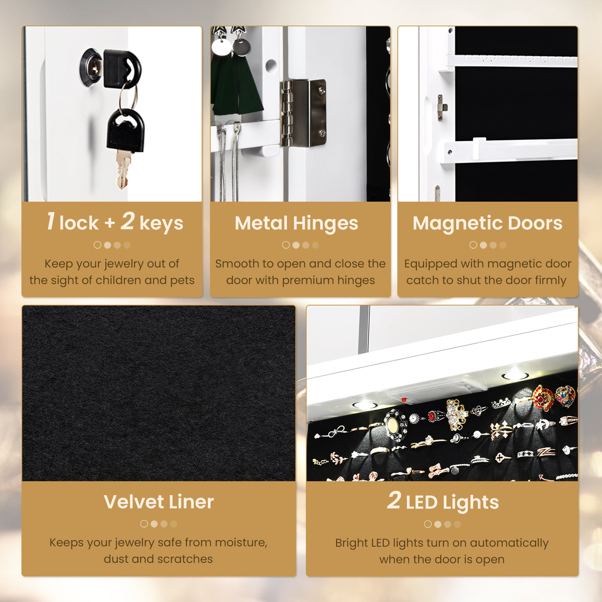 Wall and Door Mounted Mirrored Jewelry Cabinet with Lights-White