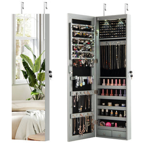 Wall and Door Mounted Mirrored Jewelry Cabinet with Lights-Gray