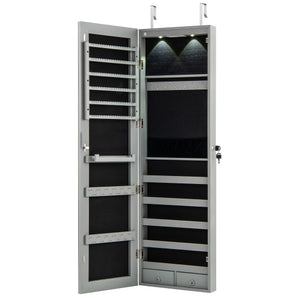 Wall and Door Mounted Mirrored Jewelry Cabinet with Lights-Gray