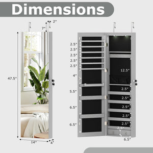 Wall and Door Mounted Mirrored Jewelry Cabinet with Lights-Gray