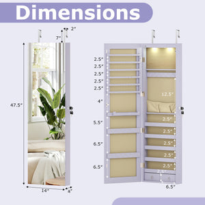Wall and Door Mounted Mirrored Jewelry Cabinet with Lights-Purple