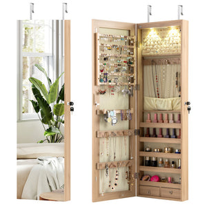 Wall and Door Mounted Mirrored Jewelry Cabinet with Lights-Natural