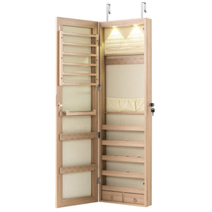 Wall and Door Mounted Mirrored Jewelry Cabinet with Lights-Natural