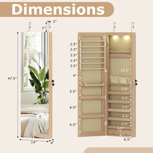 Wall and Door Mounted Mirrored Jewelry Cabinet with Lights-Natural