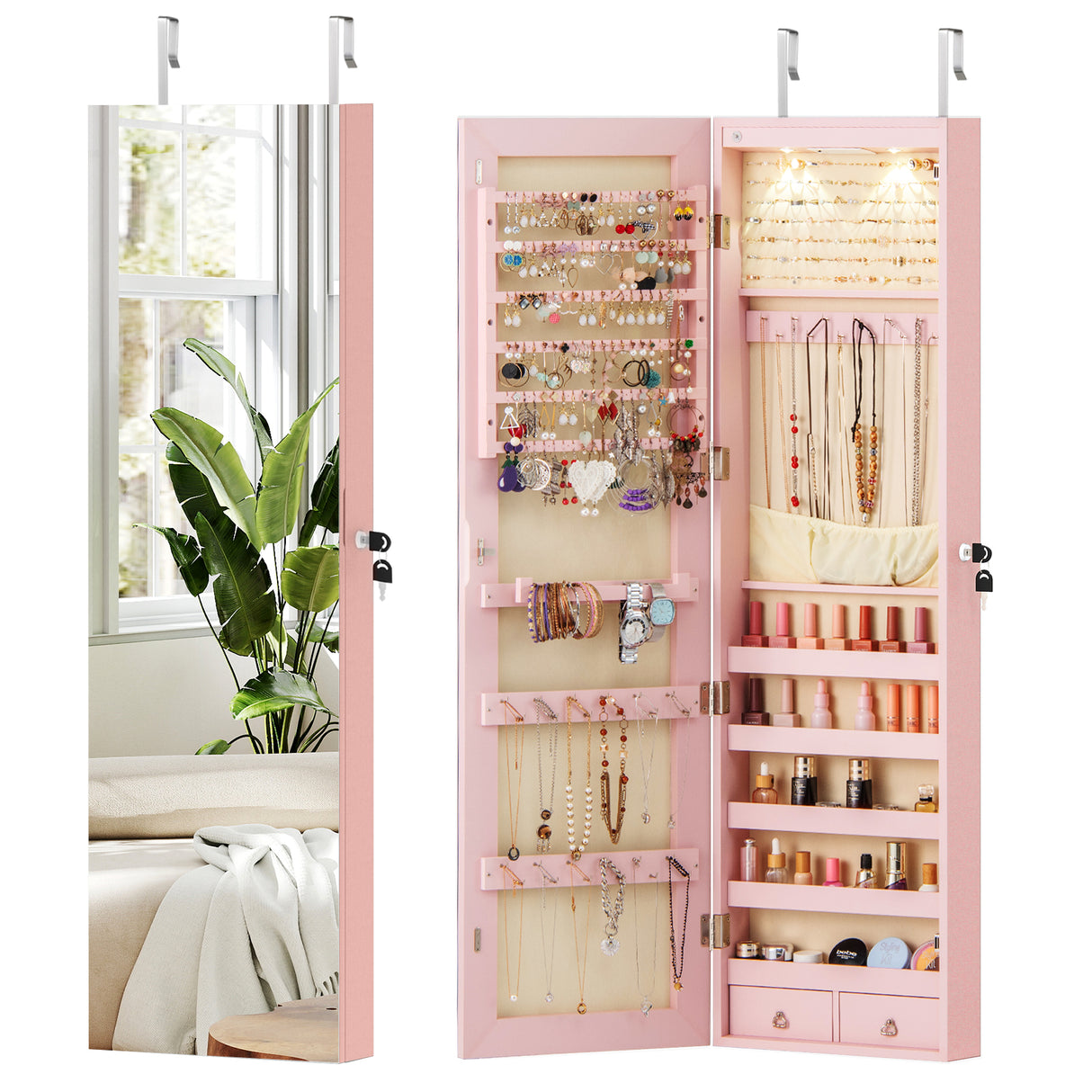Wall and Door Mounted Mirrored Jewelry Cabinet with Lights-Pink
