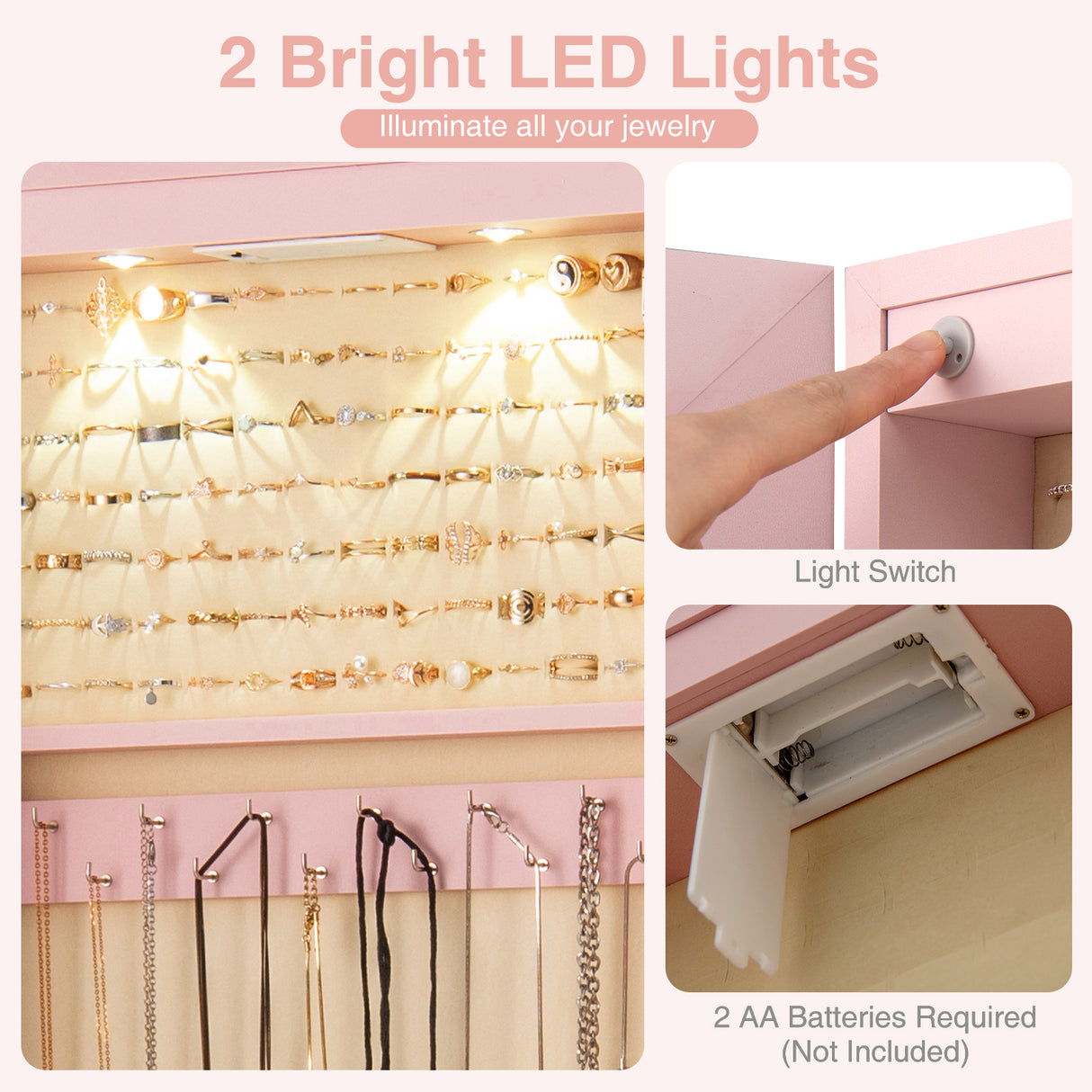 Wall and Door Mounted Mirrored Jewelry Cabinet with Lights-Pink