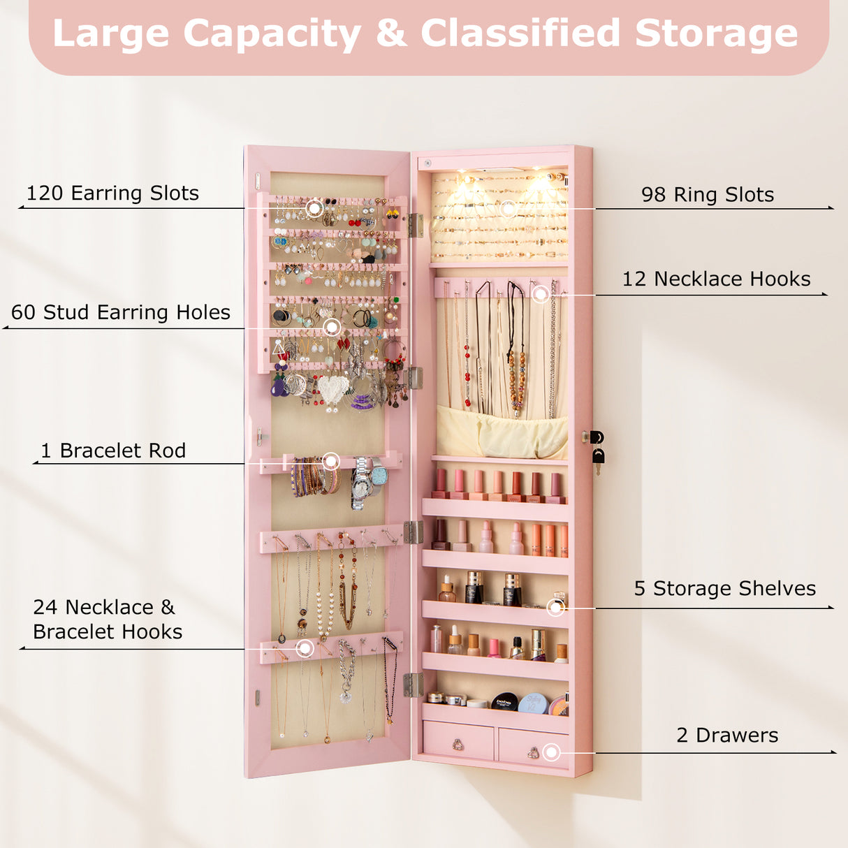Wall and Door Mounted Mirrored Jewelry Cabinet with Lights-Pink