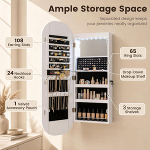Wall and Door Mounted Mirror Jewelry Cabinet with 3-Color Adjustable Mirror-White