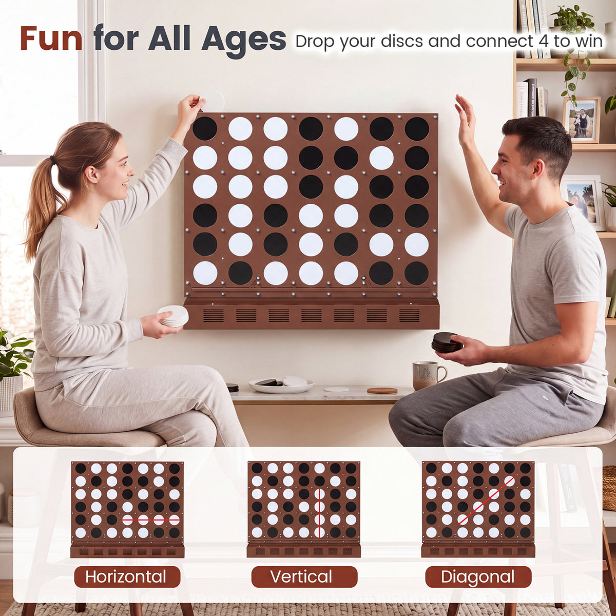 Wall-mounted Jumbo 4-in-a-Row Game with Acrylic Discs-Walnut