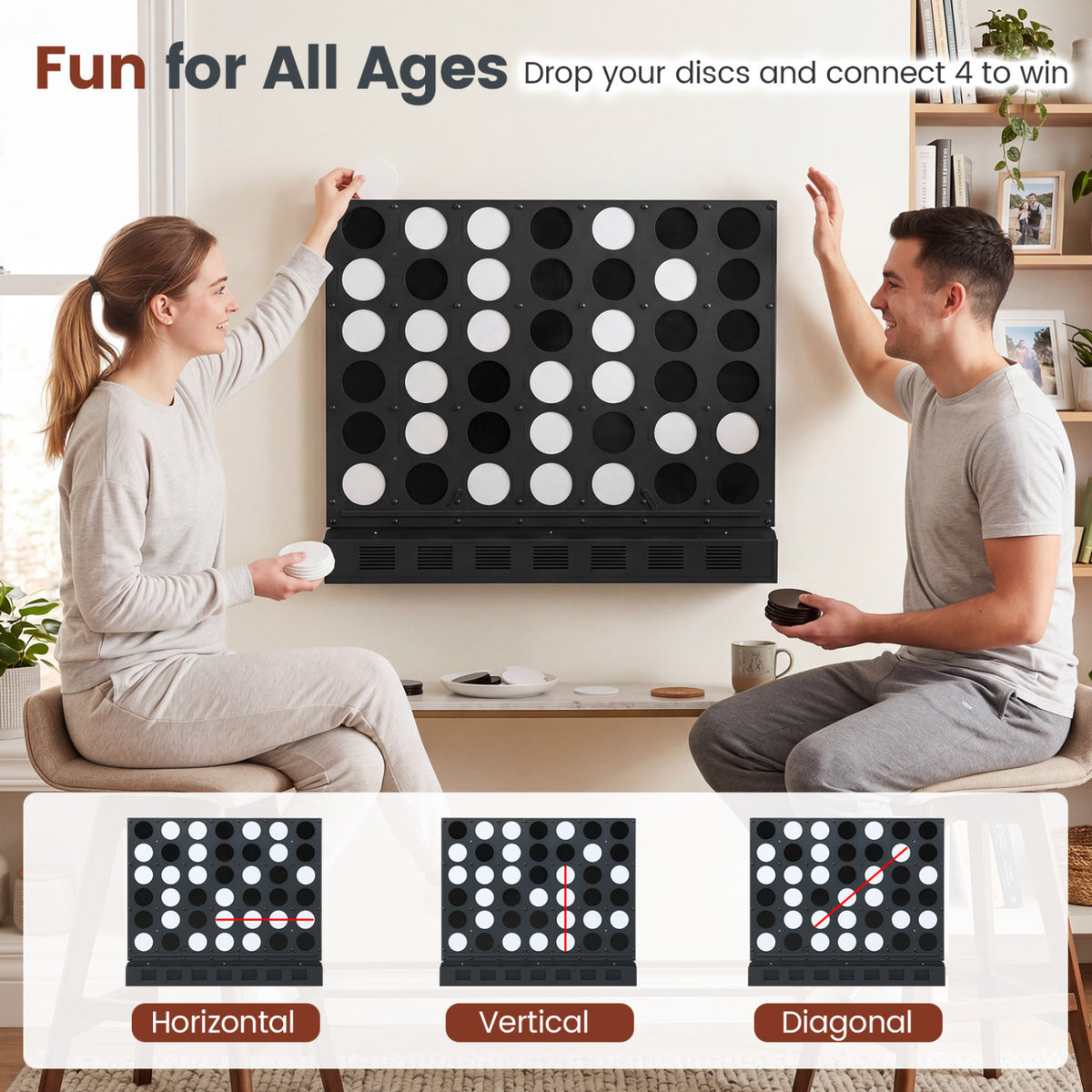 Wall-mounted Jumbo 4-in-a-Row Game with Acrylic Discs-Black
