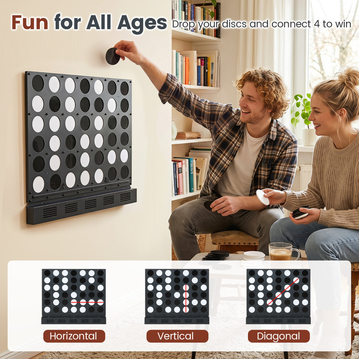 Wall-mounted Metal Connect-4 Game with Acrylic Discs-Black