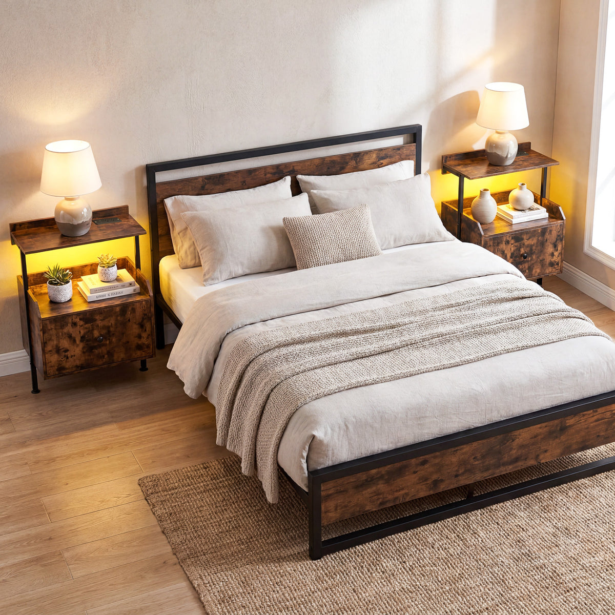 Wall-mounted Nightstand with LED Lights and Charging Station for Bedroom-Rustic Brown