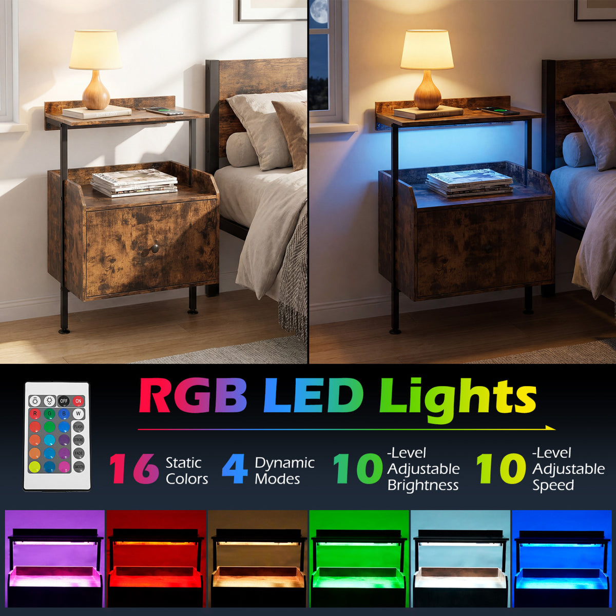 Wall-mounted Nightstand with LED Lights and Charging Station for Bedroom-Rustic Brown