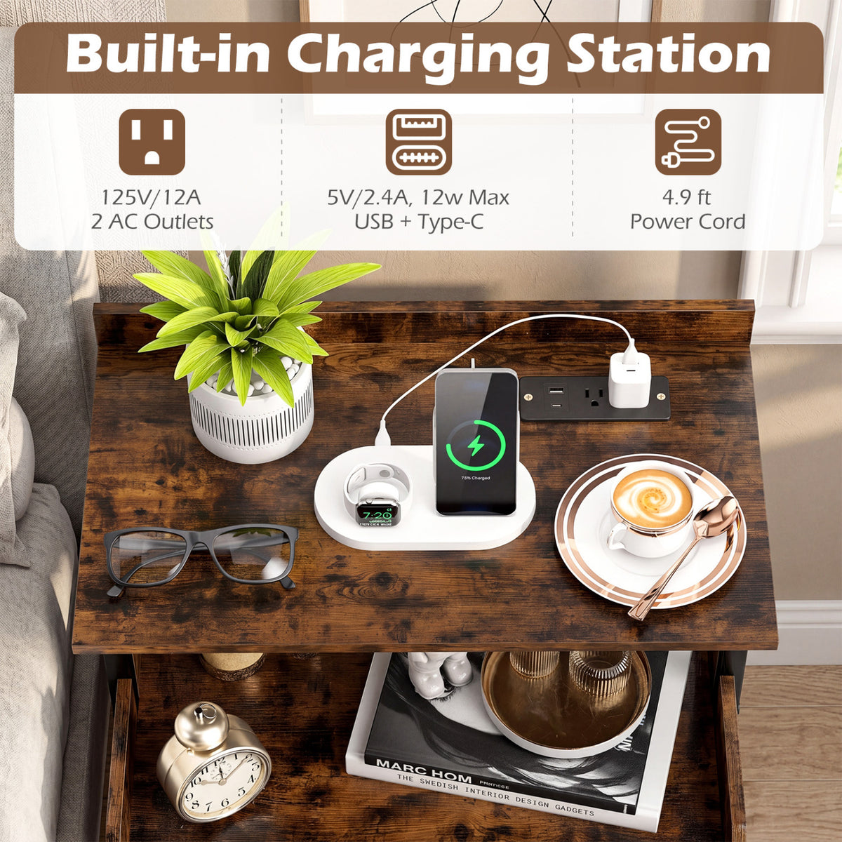 Wall-mounted Nightstand with LED Lights and Charging Station for Bedroom-Rustic Brown