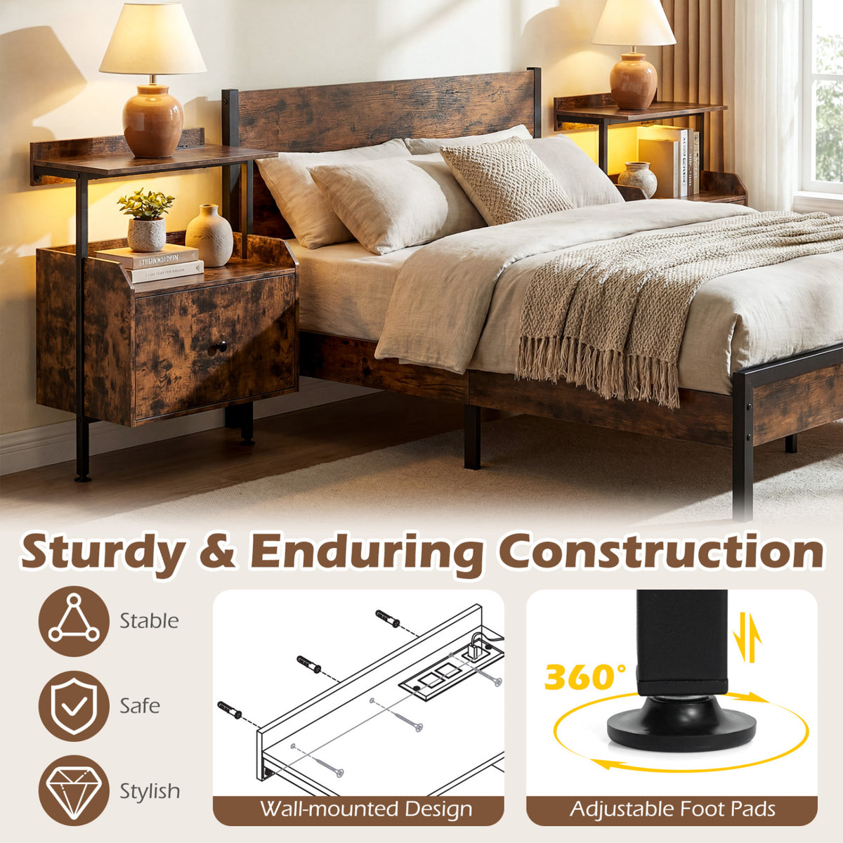 Wall-mounted Nightstand with LED Lights and Charging Station for Bedroom-Rustic Brown