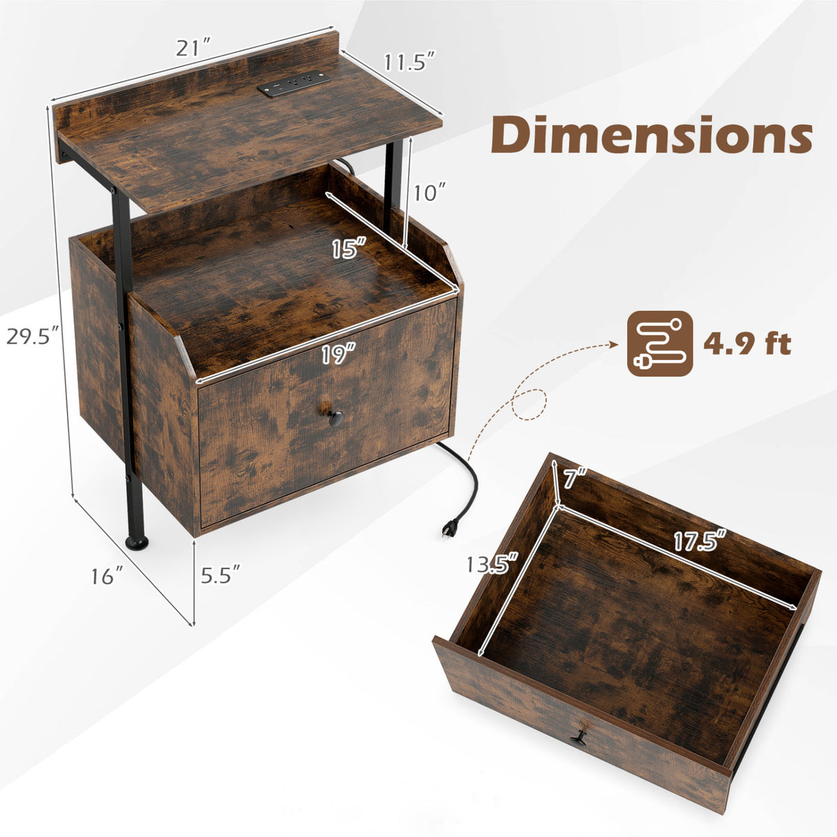 Wall-mounted Nightstand with LED Lights and Charging Station for Bedroom-Rustic Brown