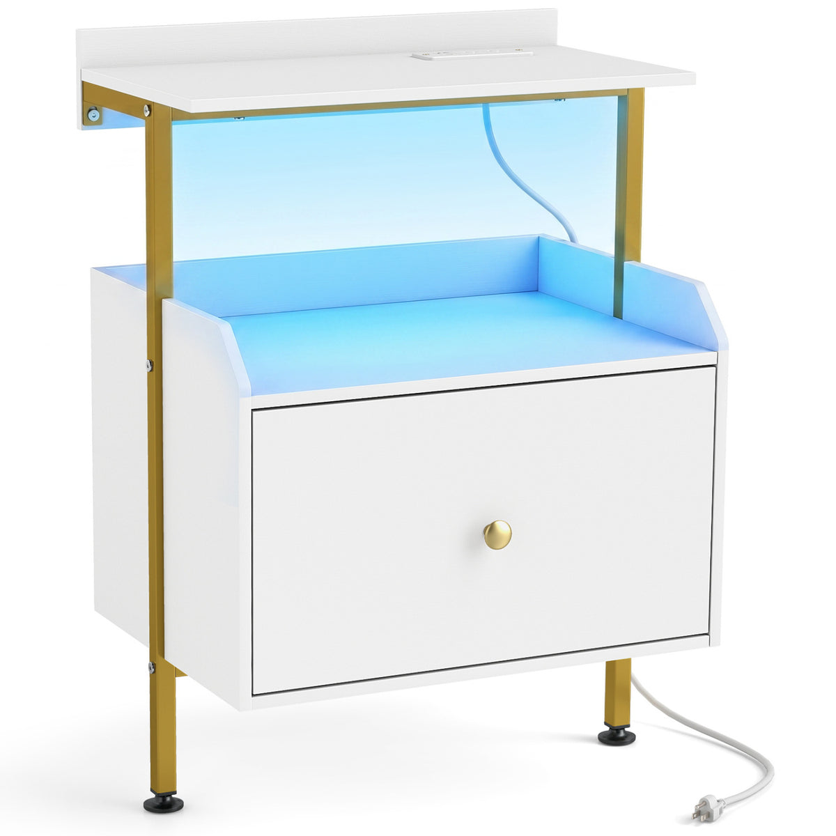 Wall-mounted Nightstand with LED Lights and Charging Station for Bedroom-White
