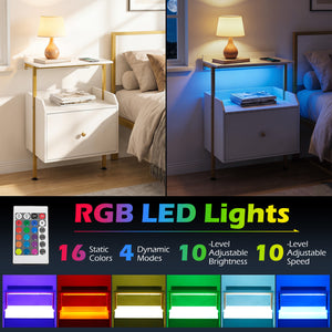 Wall-mounted Nightstand with LED Lights and Charging Station for Bedroom-White