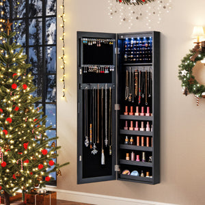 Wall or Door Mounted Jewelry Cabinet with Full-Length Mirror and LED Lights-Black