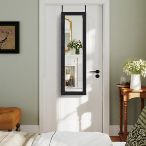 Wall or Door Mounted Jewelry Cabinet with Full-Length Mirror and LED Lights-Black