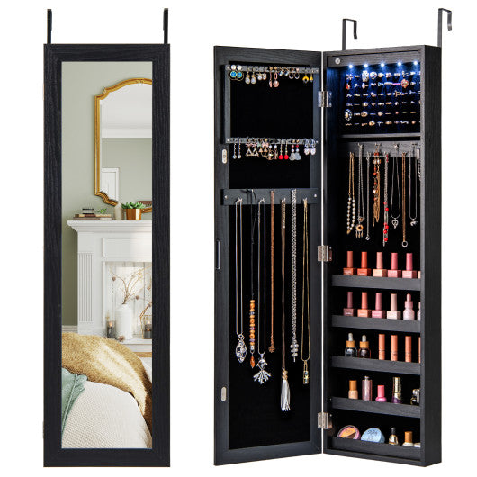 Wall or Door Mounted Jewelry Cabinet with Full-Length Mirror and LED Lights-Black