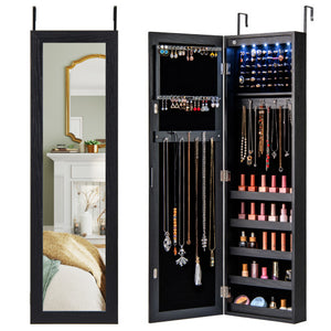 Wall or Door Mounted Jewelry Cabinet with Full-Length Mirror and LED Lights-Black