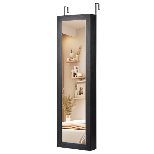 Wall or Door Mounted Jewelry Cabinet with Full-Length Mirror and LED Lights-Black