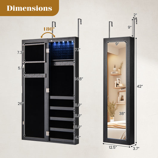 Wall or Door Mounted Jewelry Cabinet with Full-Length Mirror and LED Lights-Black
