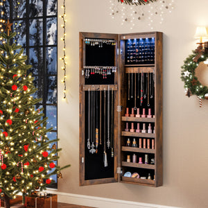 Wall or Door Mounted Jewelry Cabinet with Full-Length Mirror and LED Lights-Rustic Brown