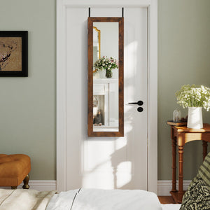 Wall or Door Mounted Jewelry Cabinet with Full-Length Mirror and LED Lights-Rustic Brown