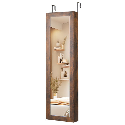 Wall or Door Mounted Jewelry Cabinet with Full-Length Mirror and LED Lights-Rustic Brown