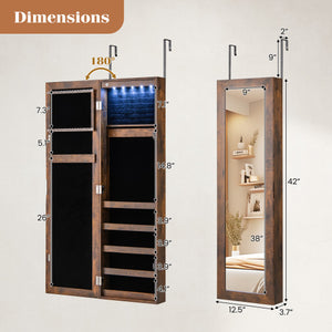 Wall or Door Mounted Jewelry Cabinet with Full-Length Mirror and LED Lights-Rustic Brown