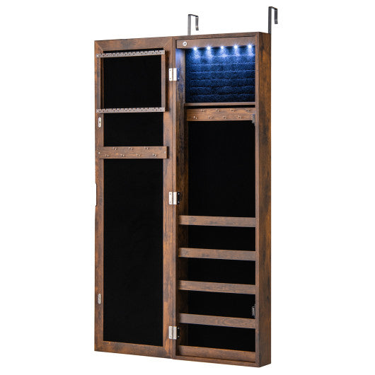 Wall or Door Mounted Jewelry Cabinet with Full-Length Mirror and LED Lights-Rustic Brown
