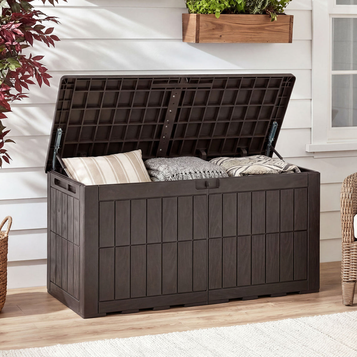 Waterproof Lockable Outdoor Deck Box for Tools Cushions Pool-Dark Brown