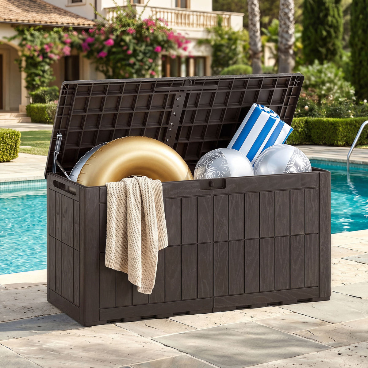 Waterproof Lockable Outdoor Deck Box for Tools Cushions Pool-Dark Brown