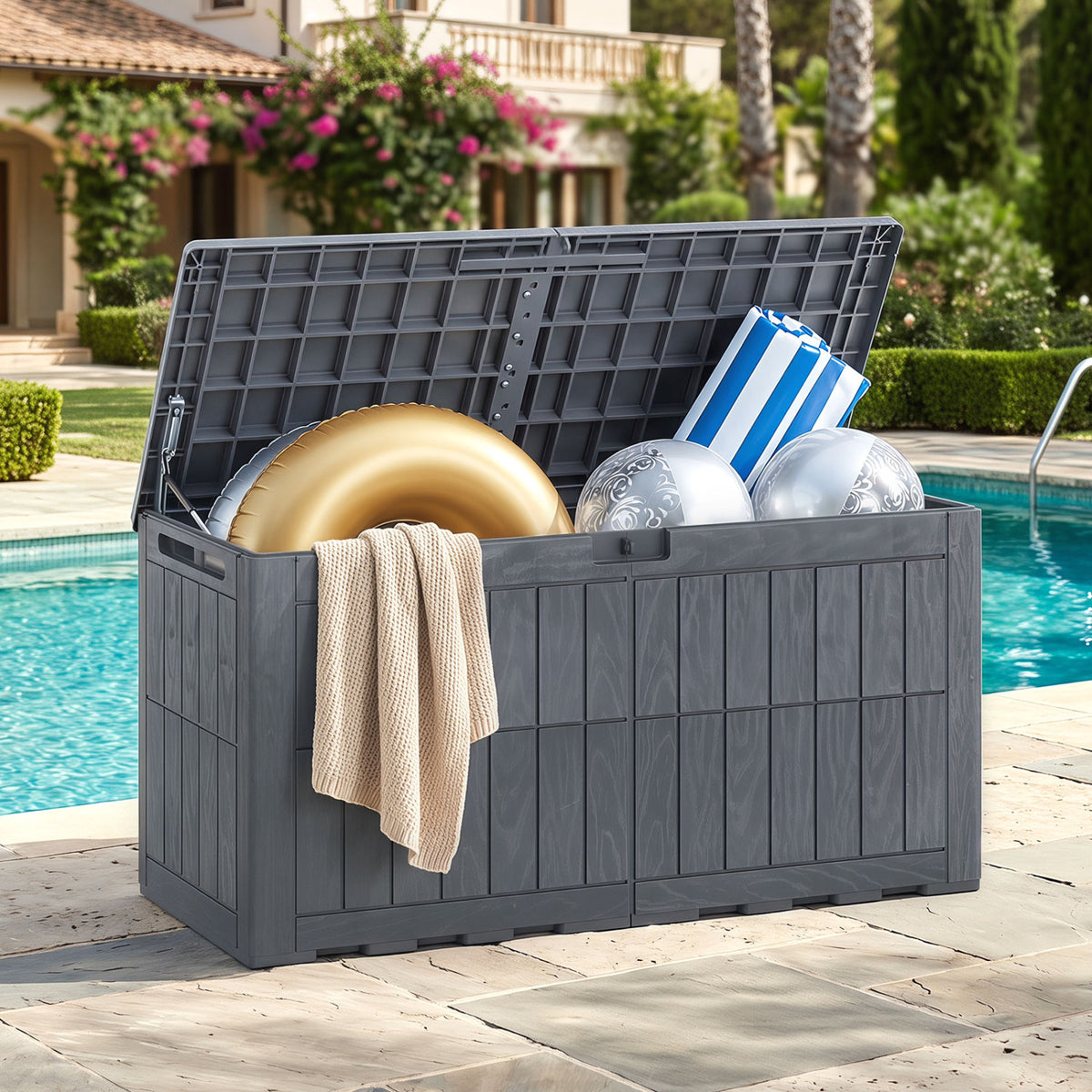 Waterproof Lockable Outdoor Deck Box for Tools Cushions Pool-Gray
