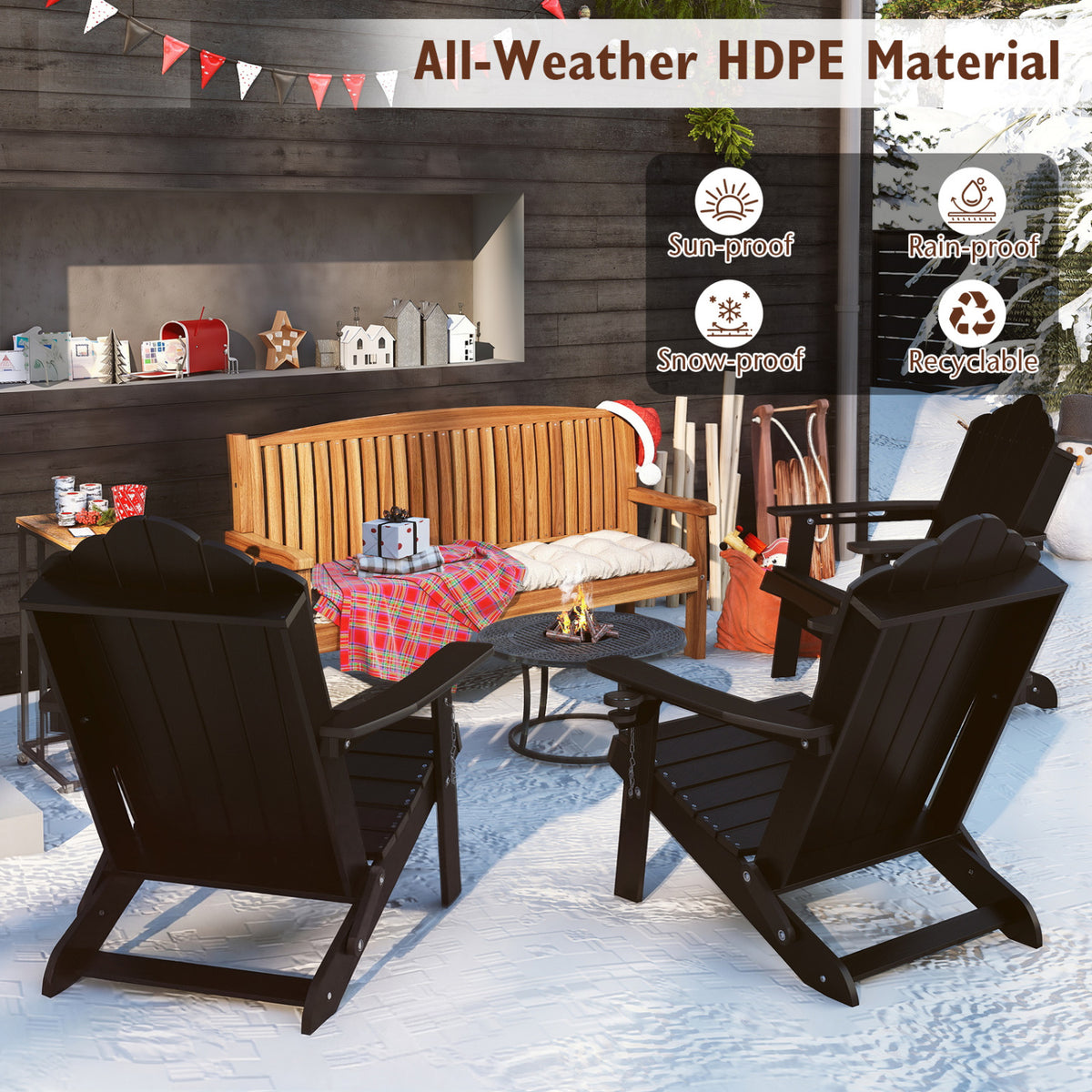 Weather Resistant HDPE Folding Adirondack Chair with High Backrest for Backyard-Black