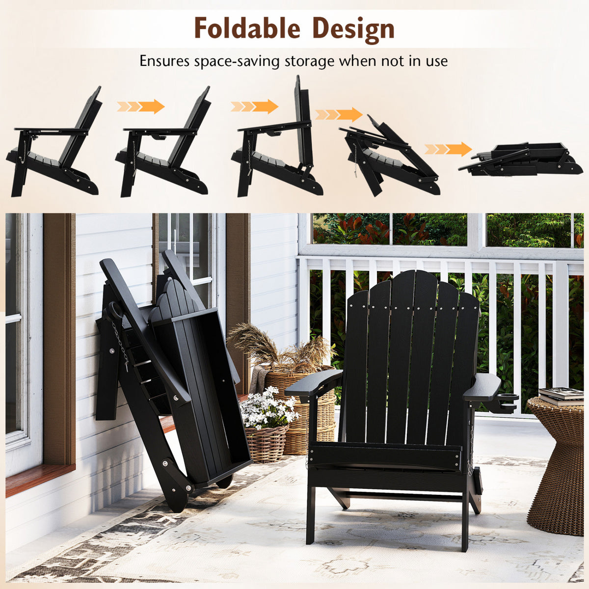 Weather Resistant HDPE Folding Adirondack Chair with High Backrest for Backyard-Black