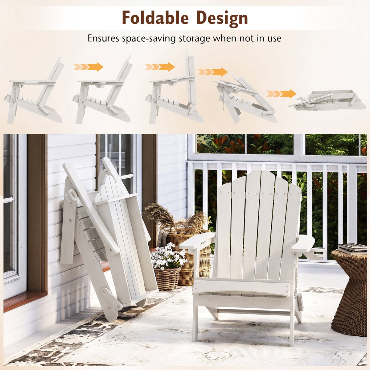 Weather Resistant HDPE Folding Adirondack Chair with High Backrest for Backyard-White