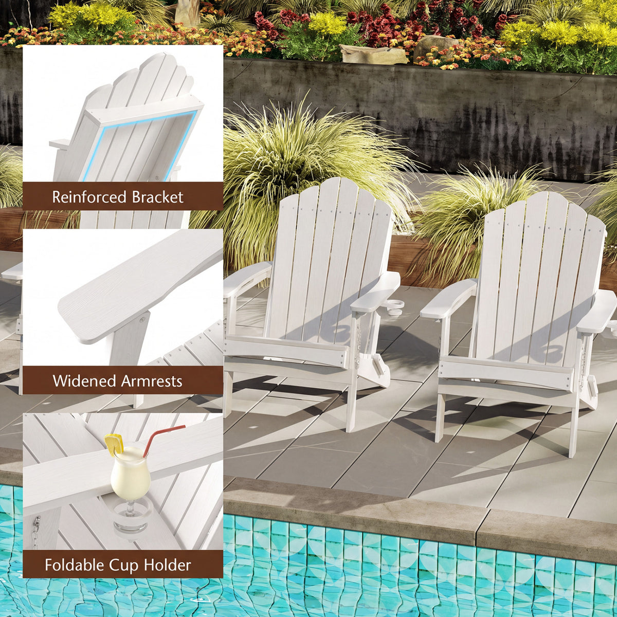 Weather Resistant HDPE Folding Adirondack Chair with High Backrest for Backyard-White