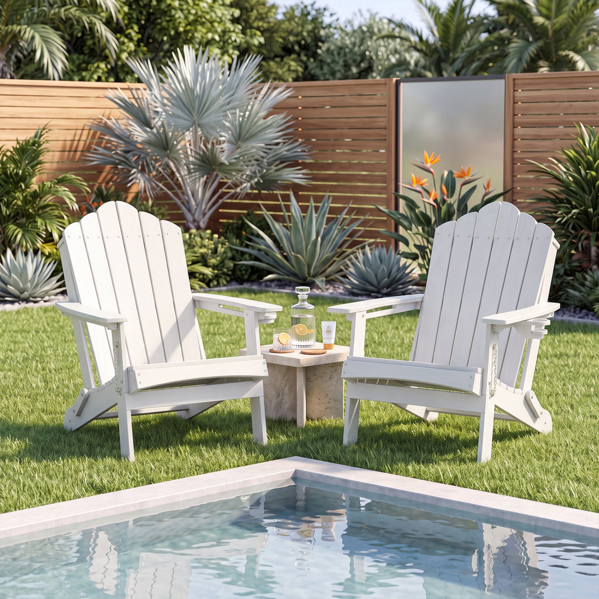 Weather Resistant HDPE Folding Adirondack Chair with High Backrest for Backyard-White